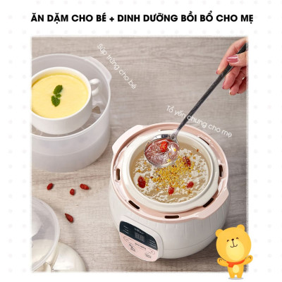 Nồi Ninh, Hấp, Nấu Cháo, Nấu Đồ Ăn Dặm Cho Bé 4 Trong 1 BEAR SUBE001 Có Lồng Hấp Dung Tích 0.8 L Công Suất 200W - Hàng Chính Hãng