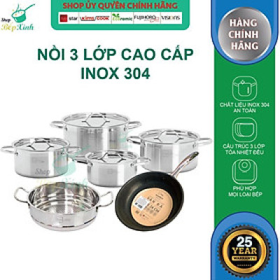 Bộ nồi chảo chống dính vân đá 3 lớp đáy liền inox 304 Fivestar Plus 6 món quai oval nắp kính