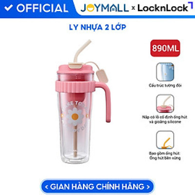 Ly nhựa 2 lớp có tay cầm 890ml LocknLock màu hồng HAP538PIK, Hàng chính hãng, họa tiết dễ thương, kèm ống hút silicone - JoyMall