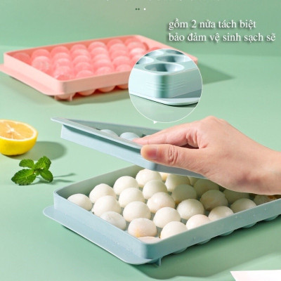 Khay làm đá, thạch bi nhựa tròn 33 viên độc đáo , có nắp đậy tiện lợi