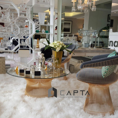 Bàn trà sofa tròn 80 cm mặt kính cường lực chân lồng sắt mạ màu vàng gold cho phòng khách lớn TS PLATNER GOLD-08 nhập khẩu cao cấp Tp HCM