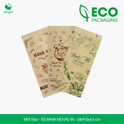 Combo 100 Túi bánh mì Nâu 24x9.5x4.5 cm - In sẵn họa tiết nhiều mẫu - Bao bánh mì Túi giấy thực phẩm an toàn