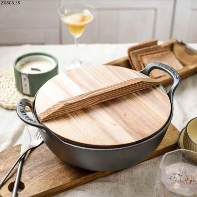 Chảo Nồi Gang Sâu Lòng Đúc Nguyên Khối Size 20cm & 25cm, Tặng Kèm Vung Gỗ - HÀNG CHÍNH HÃNG MINIIN