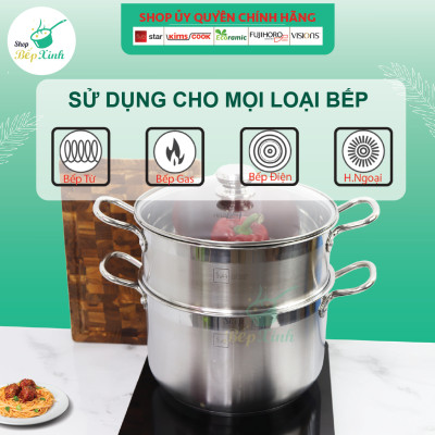 Bộ nồi xửng hấp inox 3 đáy bếp từ  Fivestar 28 cm  nắp kính