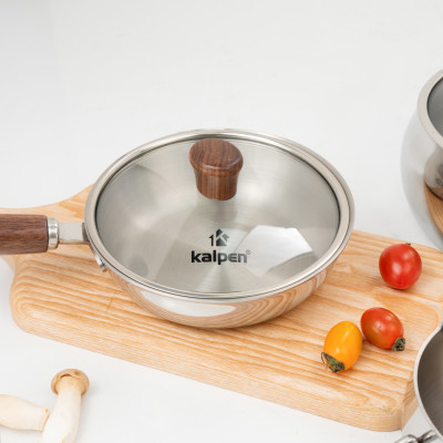 Chảo Inox 3 lớp đúc liền khối miệng rót Kalpen Rinmer 16cm kèm vung kính, bảo hành 5 năm