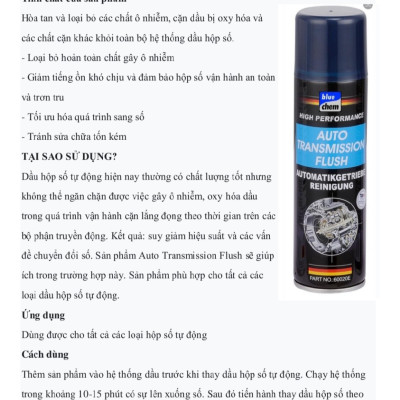 Phụ gia nhớt vệ sinh hộp số tự động cho xe ô tô Auto transmision Flush Bluechem 60020E
