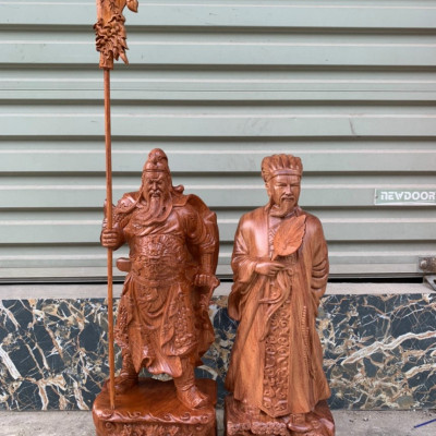 Cặp văn võ song toàn,tượng  khổng minh và quan công  bằng gỗ hương kt cao 30×13×11cm  