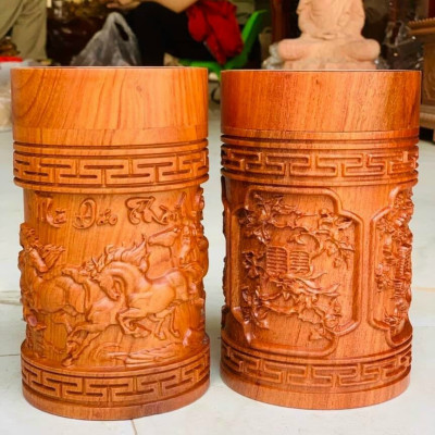 Hộp đựng chè trà trạm khắc nhiều hoa văn khắc nhau bằng gỗ hương đá kt cao 20×11,5cm