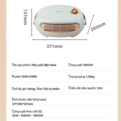 Máy Sưởi Treo Tường Bear DNQ-A19B1 Không Làm Khô Da Công Suất 2000 W - Hàng Chính Hãng