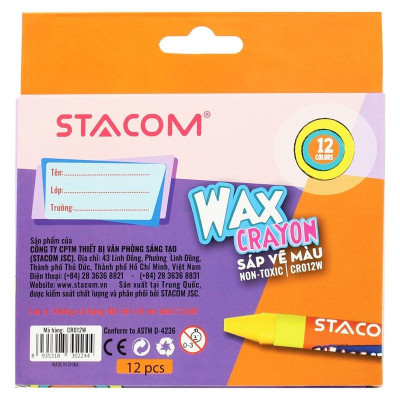 Hộp 12 Bút Sáp Màu Wax Crayon - Stacom CR012W