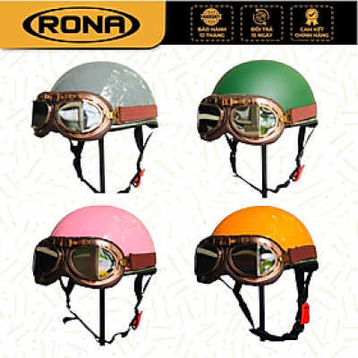Mũ bảo hiểm xe máy 1/2 RONA haly viền bạc kèm kính phi công viền đồng cao cấp chính hãng