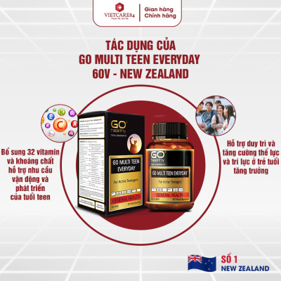 Viên uống dành cho tuổi teen nhập khẩu chính hãng New Zealand GO MULTI TEEN EVERYDAY (60 viên) bổ sung 32 vitamin, khoáng chất và một số dưỡng chất hỗ trợ duy trì và tăng cường sức khỏe cho trẻ ở tuổi tăng trưởng, tuổi dậy thì