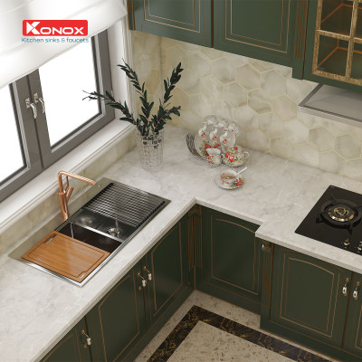 Chậu rửa bát Konox, Topmount Series, Model KN8250TD, Inox 304AISI tiêu chuẩn châu Âu, Hạ bậc tích hợp, 820x500x228(mm), Hàng chính hãng