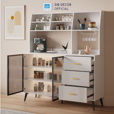 Tủ Bếp Đa Năng Kèm Ngăn Kéo Và Cửa Kính Cường Lực, Tặng Kèm Giá Treo Ly Thương Hiệu SIB Decor KG50