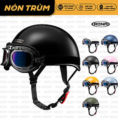 Mũ bảo hiểm nửa đầu Rona hali viền bạc kèm kính phi công bạc, mũ xe máy freesize cho nam và nữ