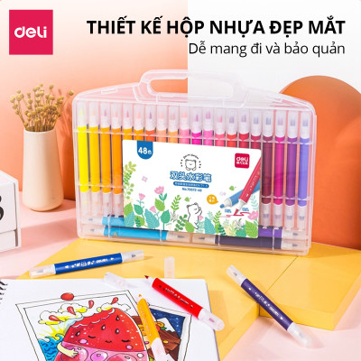 Bút Màu Dạ Marker 2 Đầu Deli - Bút Dạ Nước 12/24/36/48 Màu Vẽ Tranh Viết Calligraphy Chuyên Nghiệp - Kèm Hộp Nhựa