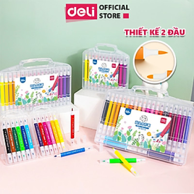 Bút Màu Dạ Marker 2 Đầu Deli - Bút Dạ Nước 12/24/36/48 Màu Vẽ Tranh Viết Calligraphy Chuyên Nghiệp - Kèm Hộp Nhựa