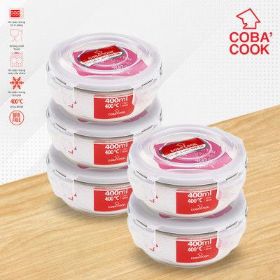 Bộ 5 hộp thủy tinh hộp đựng cơm trữ thức ăn thực phẩm trong tủ lạnh chịu nhiệt COBA