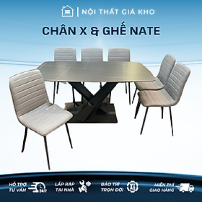 Bàn ăn mặt đá phiến - ceramic chân chéo chữ x kết hợp ghế Nate, bàn ăn mặt đá 4 ghế, 6 ghế