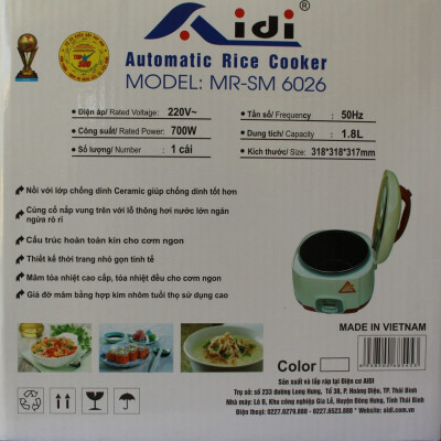 Nồi cơm điện ủ đa chiều Aidi MR-SM 6026 (1,8 lít) - Màu Ngẫu Nhiên - Hàng Chính Hãng