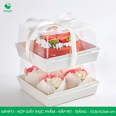 MFHP1T - 10.5x10.5x6 cm - 50 hộp giấy thực phẩm màu trắng nắp Pet, hộp giấy vuông đựng thức ăn, hộp bánh nắp trong