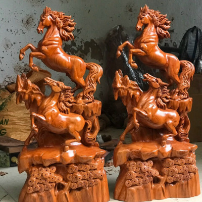 Tượng con ngựa song mã uyên ương bằng gỗ hương đá kt 30×12×7cm