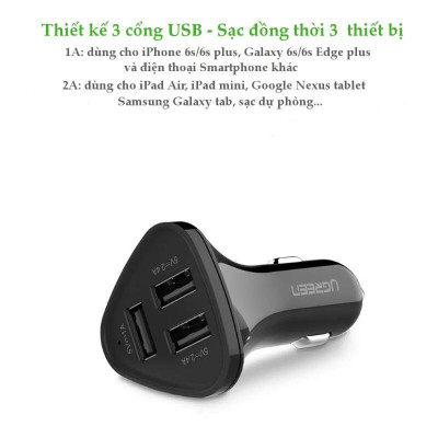 Ugreen UG40284CD124TK 29W màu Đen Bộ sạc ô tô 3 cổng USB - HÀNG CHÍNH HÃNG