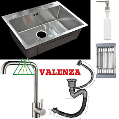 Combo chậu rửa bát 1 hố sus304 Valenza 6045, vòi rửa bát vuông tròn Valenza, xả, rổ, bình xà phòng