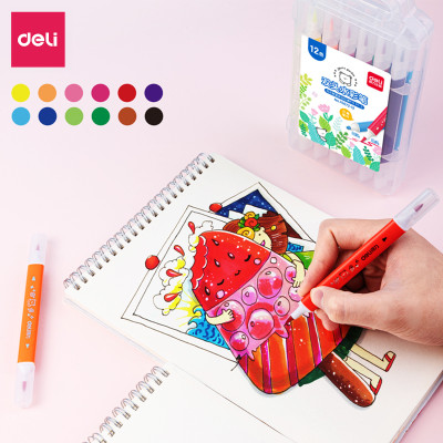 Bút Màu Dạ Marker 2 Đầu Deli - Bút Dạ Nước 12/24/36/48 Màu Vẽ Tranh Viết Calligraphy Chuyên Nghiệp - Kèm Hộp Nhựa