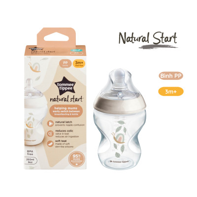 Bình Sữa PP Ty Siêu Mềm Tự Nhiên Tommee Tippee Natural Start 260ml, Núm Ty Của Bình 3-6 Tháng - Hoạ Tiết
