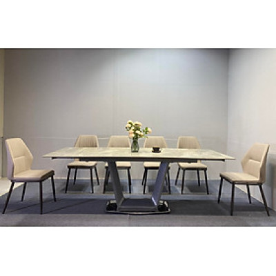 Bộ bàn ghế phòng ăn Juno sofa mặt đá ceramic, chân inox mạ titan kèm 6 ghế kevin