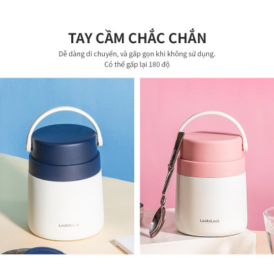 Hộp cơm giữ nhiệt Lock&Lock màu hồng LHC8042PIK 700ml - Hàng chính hãng, 2 ngăn kèm muỗng inox - JoyMall