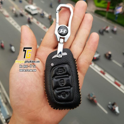 Bao da Handmade bảo vệ chìa khóa xe Hyundai Elantra, Tucson, i10…kèm móc đeo Inox