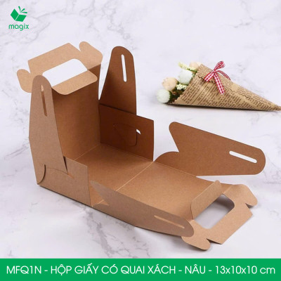 MFQ1N - 13.5x10x10 cm - 100 hộp giấy kraft có quai xách - Hộp đựng bánh ngọt, hộp quà tặng handmade