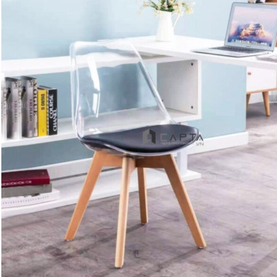 Bộ bàn tiếp khách 2 ghế Eames  thân nhựa trong suốt nệm PVC chân gỗ bàn chân trụ mặt tròn 60cm Bộ bàn ghế nhỏ gọn tiết kiệm diện tích SL TE TULIP 2-06W / DSW-PC3 Livingroom Compact Table Set