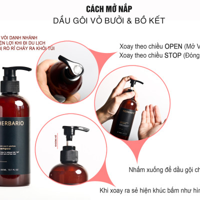 Bộ dầu gội dầu xả tinh dầu vỏ bưởi & bồ kết Herbario 300ml giảm rụng tóc kích thích mọc tóc, giảm gãy rụng cho tóc suôn mượt đen bóng thuần chay