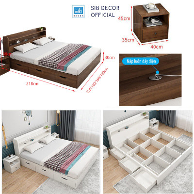 Giường Ngủ Gỗ Công Nghiệp Kèm 3 Ngăn Kéo Màu Walnut SIB Decor GN12