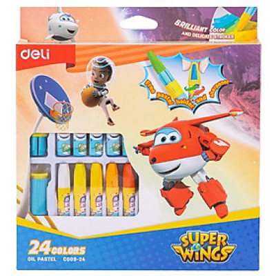 Hộp 24 Bút Màu Sáp Kèm Cây Cầm Bút & Đồ Chuốt 2 Trong 1 - SuperWings - Deli EC009-24