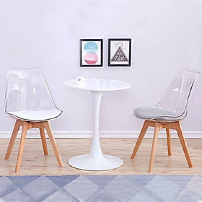 Bộ bàn tiếp khách 2 ghế Eames  thân nhựa trong suốt nệm PVC chân gỗ bàn chân trụ mặt tròn 60cm Bộ bàn ghế nhỏ gọn tiết kiệm diện tích SL TE TULIP 2-06W / DSW-PC3 Livingroom Compact Table Set