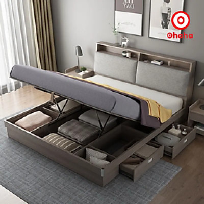 [Miễn phí vận chuyển & lắp đặt] Giường ngủ thông minh cao cấp bọc nệm đầu giường có hộc kéo gỗ công nghiệp Ohaha - GN018