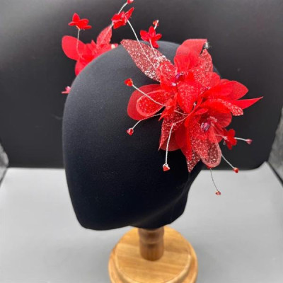 Cài tóc cô dâu hoa đỏ lưới nhũ đính hoa mẫu mới t12/2024