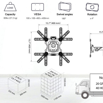Giá Khung treo tivi North Bayou NB-P4 Xoay đa năng từ 32 đến 55 inch , Tải trọng tối đa 27Kg - Hàng chính hãng