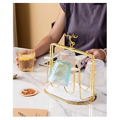 COMBO BỘ BÌNH CỐC THỦY TINH CHỊU NHIỆT CAO CẤP KÈM KHAY VƯƠNG MIỆN VÀNG VÀ GIÁ ÚP CỐC