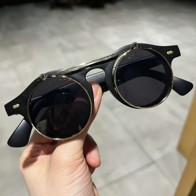 Kính chống nắng Mắt tròn thầy bói 2 lớp mở nắp gọng nhựa 