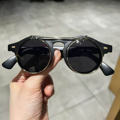 Kính chống nắng Mắt tròn thầy bói 2 lớp mở nắp gọng nhựa 