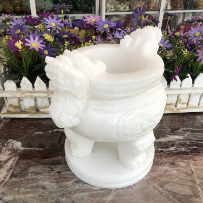 Lư hương, bát hương, bát nhang chạm rồng trang trí bàn thờ, mộ đá cẩm thạch trắng - Cao 20 cm