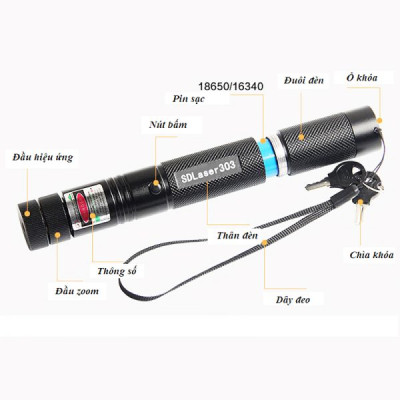 Đèn pin laser 303 siêu sáng gồm pin, sạc và khóa - Đèn lazer 303 tia Đỏ - Hàng chính hãng