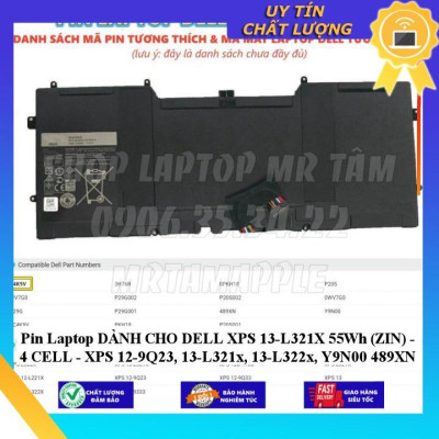 Pin Laptop dùng cho DELL XPS 13-L321X 55Wh - 4 CELL - XPS 12-9Q23 13-L321x 13-L322x Y9N00 489XN - Hàng Nhập Khẩu New Seal
