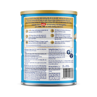 Thực phẩm dinh dưỡng y học: Ensure Gold hương vani ít ngọt 850g