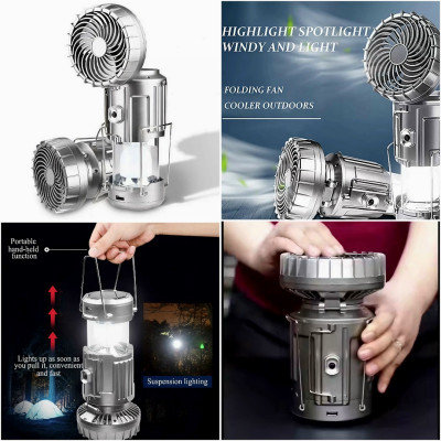 Đèn năng lượng mặt trời kèm quạt GSH9299 cầm tay sử dụng pin Lithium tiện dụng, tích điện 3 chức năng đèn pin, quạt và cổng đầu ra USB, chống nước đi cắm trại, dã ngoại - Hàng chính hãng